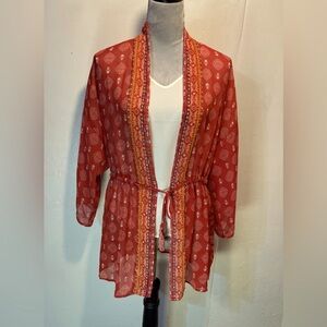 #0228 Xileration Red/Orange Sheer Kimono Accent Trim Drawstring with Tassels-S